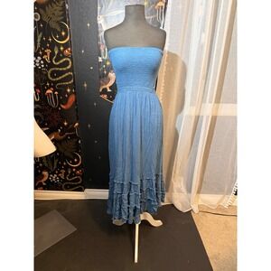 R.YIPOSHA Blue Smocked Halter Midi Dress Open Back Ruffle Hem Boho Summer Small